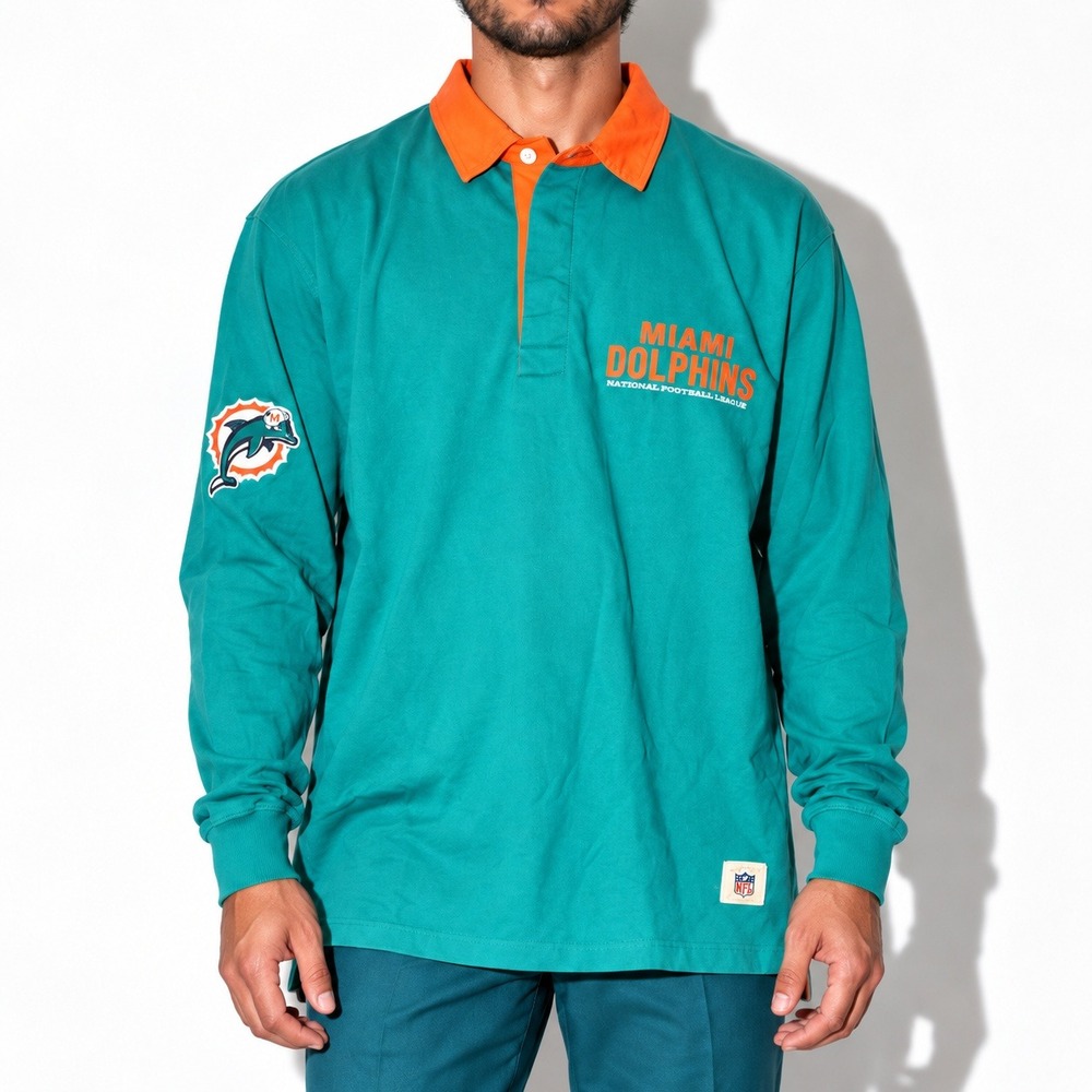 00s Vintage Reebok Miami Dolphins NFL Polo Shirt Mens M Teal Orange Long Sleeve